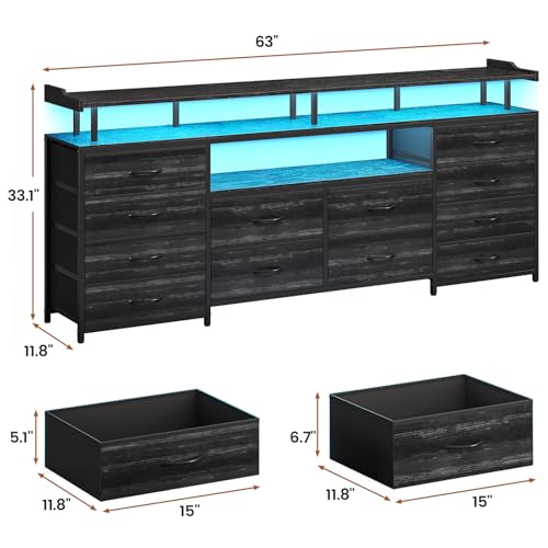 BTHFST 12 Drawers TV Stand Dresser for 65/70 inch TV, Entertainment Center with LED Lights & Power Outlets, 63" Large LED TV Stand, TV Console for Bedroom