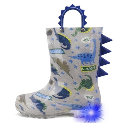 HugRain Botas De Chuva Para Meninos E Meninas, Sapatos Borracha Impermeáveis Com Luzes, Estampados Lama, Leves Adoráveis, Alças Fáceis Calçar, Sola Antiderrapante, Dinossauro, Azul Cinza, Tamanho 12