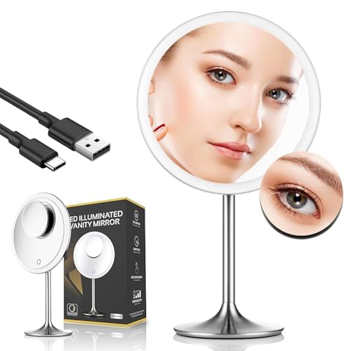 Miusco Makeup Mirror 9" Vanity Mirror with Lights, 5X & 10X Magnification - Front/Back Magnetic Design, Rechargeable & Cordless, Touch Dimming, 90° Adjustable Angle, Metal Frame, Includes USB Cable by Miusco - Image 8
