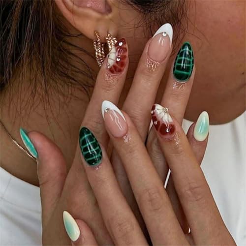 Image of French Tip Press on Nails Green Ombre Fake Nails Short Almond False Nail with Rhinestone Design Alligator Print Glue on Nails Acrylic Glossy Full Cover Stick on Nail for Women Manicure 24Pcs