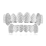 Grillz for Hip Hop Sharp Fang 8-Tooth Full Zirconia Design Copper Set Sparkling Artistic Adjustable Luxury for Hip Hop Party Music Festival (Silver Set B)