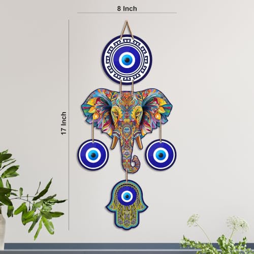 Image of Artvibes Elephant Family Evil Eye Wall Hanging for Home Entrance | Nazar Battu MDF Wall Decor | Positive Energy Vastu Art for Living Room | Hallway | Office & Main Door | Gift Item (WH 8549N)