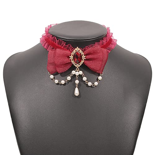 Xerling Red Bow Tie Necklaces For Women Girls Lace Choker Necklace Beaded Pearl Pendant Necklace For Halloween Ruby Gem Bow-Knot Chain Necklace (Red) #TOP5