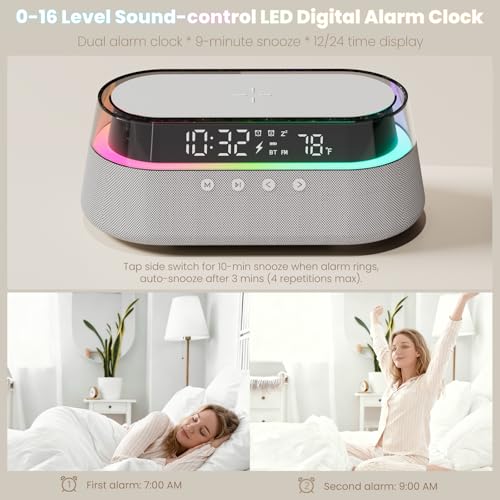 KUANGXIANG 6-in-1 Bluetooth Speaker Alarm Clock with Remote, 15W Fast Wireless Charger, FM Radio & Dimmable LED Night Light, Dual Digital Clock for Bedroom Home Office, Ideal for Him, Men Women