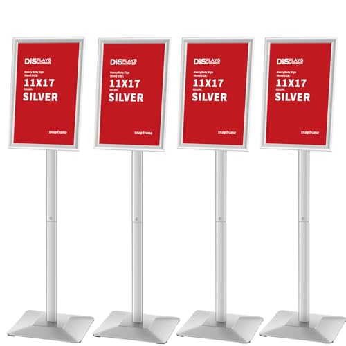 DISPLAYSWORKER 4Pcs Floor Sign Holder, Aluminum snap frames Sign Stand heavy duty pedestal sign floor standing for indoor outdoor 11×17 signage poster display stand for restaurant store school (SILVER, 11×17, 4 Pack) by DISPLAYSWORKER - Used condition - US$99.78