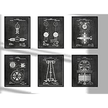 Nikola Tesla Gifts Engineers - Steampunk Wall Decor 6 8"x10" FRAMED Wall Art Patent Prints - Industrial Artwork - Electrical, Coil, Nerd, Geek, Science, Physics Home Decorations