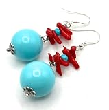Orecchini con Turchesi e Rametti di Corallo Rosso, Pendenti Lunghi, Argento 925 Italiano, Gioielli Estate, Bijoux Made in Italy, Regalo