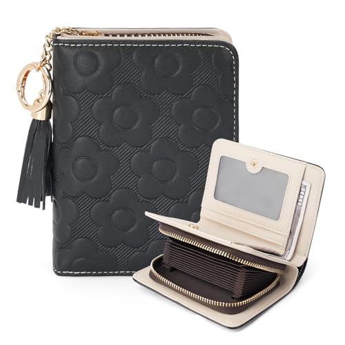 VIMUTI RFID Blocking Wallet Women Cute Embossed Floral Leather Credit Card Holder Wallet for Women with Tassel Accordion Purse Bifold Ladies Small Womens Wallets with Zipper Coin Pocket Black