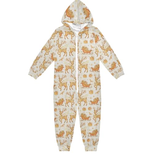FRODOTGV Pijama de una sola pieza para niños, diseño de reno dorado y trineo de acuarela navideña, con cremallera, para fiestas, fiestas de pijamas de 4 a 14 años, Acuarela navideña con reno dorado y