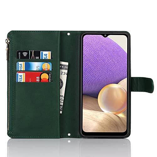 Jaorty Samsung Galaxy A32 5G Wallet Case,[9 Card Slots] Removable Adjustable Crossbody Necklace Lanyard Shoulder Strap Zipper Magnetic Leather Case For Samsung Galaxy A32 5G,6.5 Inch Dark Green #TOP5