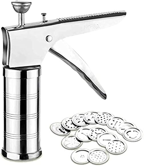 VIZORA Stainless Steel Kitchen Press with 15 Different Types of Jalies, Sev Maker/Idiyappam Press/Murruku Machine/Noodle/Namkeen Press/Gathiya Maker (Silver)