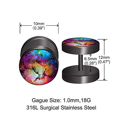 Flyun Earrings For Men, Fake Gauge, Flat Back Earrings, Mens Earring Men's Faux Gauge Fake Plug 6Pairs Galaxy Surgical Steel Black Stud Screw Earrings (Green) #TOP4