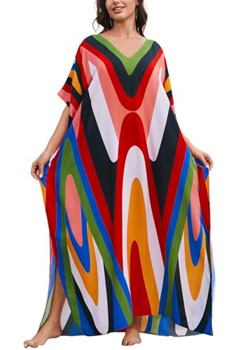 Image of IMAGEKOPE Women's Plus Size Loose Fit Moroccan Print V-Neck Batwing Kaftan Beach Dress Bathing Suit Cover Up
