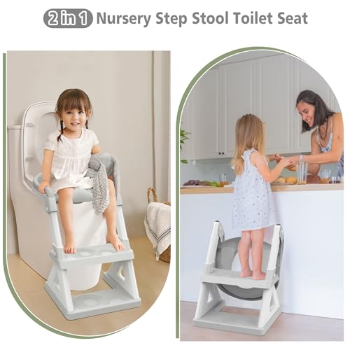 2 In 1 Potty Training Toilet Seat & Toddler Step Stool, Bottom Triangle Stability Toddler Toilet Seat, Adjustable Step & Seat Height Potty Seats for Toddlers Boys Girls (Grey) - Thumbnail 2