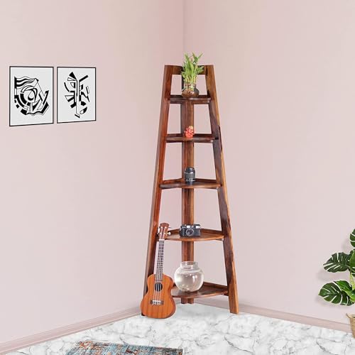 Image of SHYAM ART & CRAFT Solid Sheesham Wooden Corner Bookshelf for Living Room Floor Standing Corner Book Shelf 5 Tier Ladder Cabinet Corner Shelf for Home Decor|Bookshelf for Home | Brown Finish