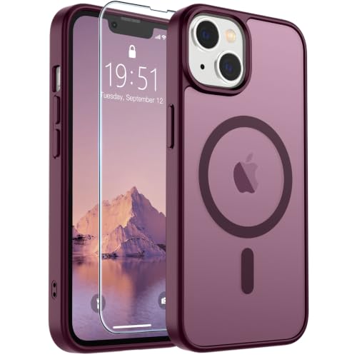 Image of SUPFINE Magnetic for iPhone 13 Case /iPhone 14 Case with Screen Protector (Compatible with MagSafe)(Military Grade Drop Protection) Translucent Matte Phone Cover,Wine Red