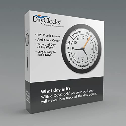 Dayclocks Time & Week-Day Wall Clock With Solid Plastic Frame – Weekly Analog Clock With Days, Hours & Minutes – Quiet Wall Mounted Clock - Ideal Retirement Gift For Men & Women, Black, 12" #TOP1