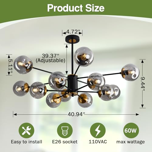 Image of 12 Light Chandelier Mid Century Glass Globe Sputnik Pendant Light Fixture Black Ceiling Light for Living Room Kitchen Dining Room Bedroom Farmhouse.
