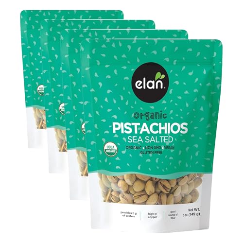 Elan Organic Sea Salted Pistachios, 5.1 oz, In Shell, Salted with Sea Salt, Lightly Roasted, Naturally Open, Non-GMO, Vegan, Gluten-Free, Kosher, Healthy Snacks (Pack of 4)