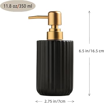 Chic Soap Dispenser, Vertical Stripe Design with Gold Pump(Black) | Cylinder-Shaped Ceramic Lotion Dispenser