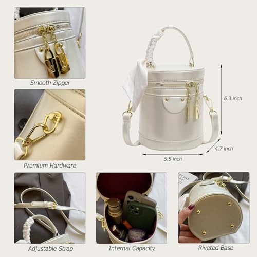 Cylinder Crossbody Bucket Bag for Women Vegan Leather Retro Handbag Small Top Handle Casual Purses Shoulder2