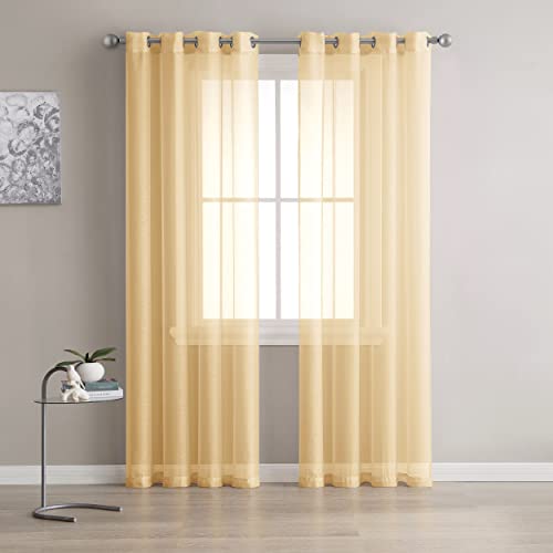 Warm Home Designs Pair of 2 Standard Size 54" (Width) x 84" (Length) Linen Gold Sheer Window Curtains. 2 Elegant Voile Panel Drapes are 108 Inch Wide Total - K Gold 84"