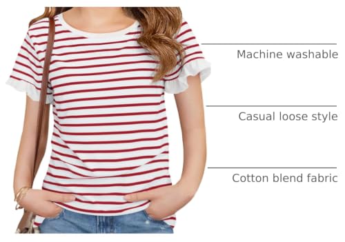 Image of Haloumoning Girls Striped Ruffle Short Sleeve T Shirts Kids Summer Crewneck Tops Casual Tees 5-14 Years
