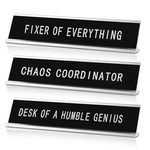 3 Pcs Chaos Coordinator Fixer of Everything Desk of a Humble Genius Funny Desk Signs Decor Office Novelty Name Plate Plaques Gift Men Women Manager Coworker 8x2 Inches Aluminum Base