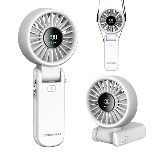 QSPORTPEAK Mini Ventilatore Portatile, ventilatore USB 4000mAh con Display LED, 3-in-1 Mano/Collo/Da Scrivania,ventaglio portatile pieghevole con 100 Velocità,Display HD,bianco