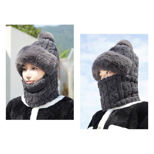 ECYC Women Winter Warm Balaclava, Plush Windproof Pompom Balaclava Fuzzy Neck Warmer Ski Mask Hooded Scarf for Women3