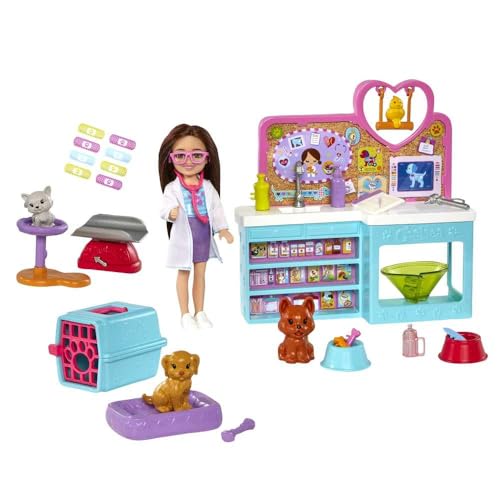 Barbie Chelsea Doll and Accessories, Pet Vet Playset with Doll, 4 Animals and 18 Pieces