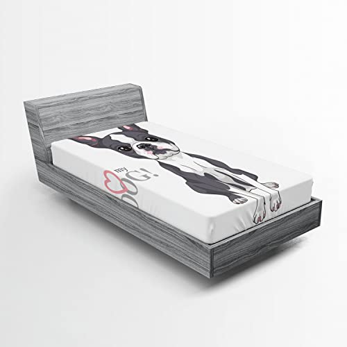 Ambesonne Boston Terrier 2 Pack Fitted Sheet, Naive Puppy Face, Bed Cover All-Round Elastic Deep Pockets 2 Pieces, Package Contains 2 Twin Size Fitted Sheets, Pink White