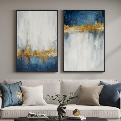 Framed Navy Blue Abstract Wall Art Set of 2 for