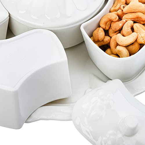 Lyellfe Divided Serving Dishes, Plastic Snack Appetizer Tray With Lid, 13 Inch Dry Fruit Veggie Bowls With 6 Compartments, White Relish Tray For Candy, Chips And Dip, Veggie #TOP2