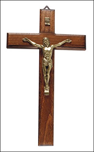 Biblegifts Crucifix 22,9 cm ou 27,9 cm sur une croix en bois à suspendre Symbole religieux chrétien culte en bois foncé et laiton dans une boîte cadeau (22,9 cm) Cover