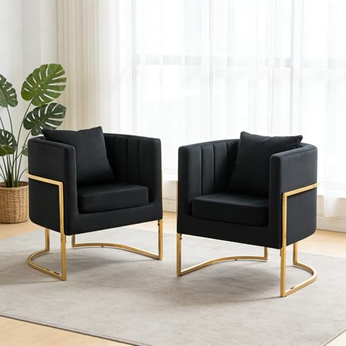 LONWIK Velvet Modern Living Room Accent Chairs Set of 2, Upholstered Mid-Century Barrel Chairs for Bedroom, Side Club Reception Chairs with Gold Metal Legs, Black