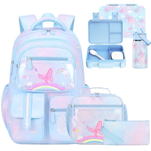 ACESAK 5PCS Rainbow Backpack for Girls with Lunch Box & Water Bottle,Blue