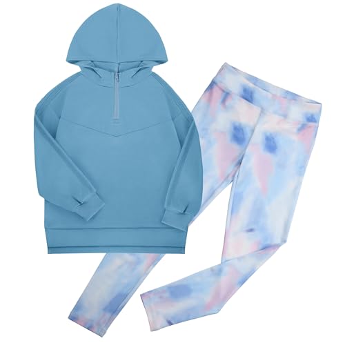 GRACE KARIN Girls Hoodie and Leggings Set Teen Long Sleeve Fashion Sweatshirts + Sweatpant Fall Winter Clothing Set,Dusty Blue,Size 8-10 Years