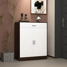 Shoe Cabinet, 4-Tier Shoe Rack Organizer with 1 Drawer, Freestanding Wooden Shoe Storage Cabinet with 2 White Door & Adjustable Shelves for Entryway Hallway Walnut + White, 2 Drawer