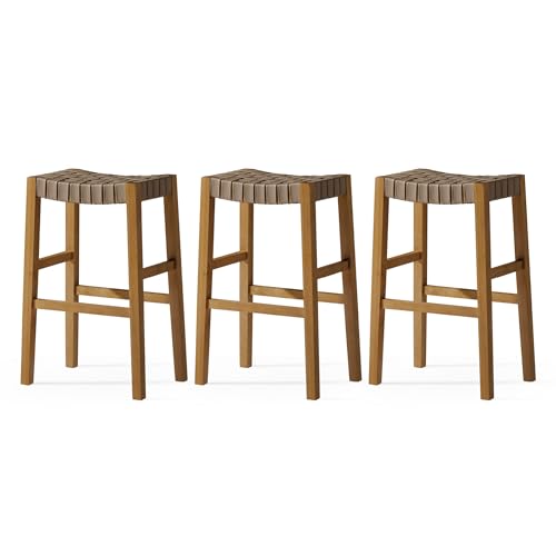 Maven Lane Emerson Bar Stool (Set of 3) – 31 Inch – Rectangular Stools with Footrest – Natural Solid Wood & Beige Woven Leather Seat – Ideal for Pubs, Breakfast Bars & Tall Counters