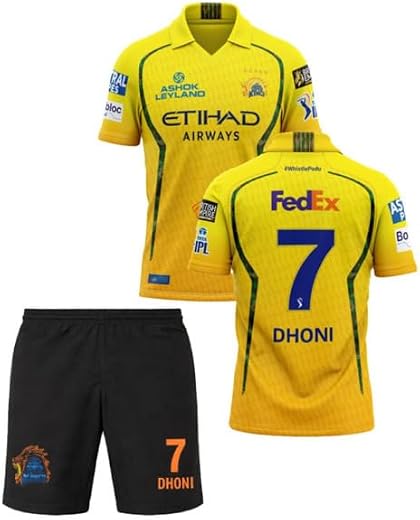 New Dhoni 7 Csk Jersey 2026 with Logo Shorts for (Men&Boys,Kids)