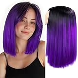 HANNE Ombre Black to Purple Wig Short Bob Wigs Shoulder Length Bob Hair Short Straight Hair Bob Wigs for Women Ombre Purple Wig Halloween Rumi Cosplay Wigs (Ombre Purple)