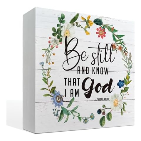 Christian Decor, Box Sign Tabletop Decor, Wooden Christian Sign, Scripture Decor Art, Christian Decor for Living Room Bedroom, Housewarming Decor, Psalm 46:10 Sign - Be Still and Know That I Am God Cover