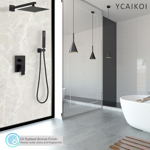 Image of Oil Rubbed Bronze Shower System YCAIKOI Wall Mount Shower Faucet Set for Bathroom 10 Inch High Pressure Luxury Shower Head with Handheld, Rough-in Valve Body and Trim Included