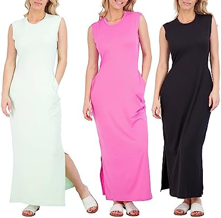 Real Essentials 3 Pack: Womens Long Full Body Tank T-shirt Shirt Dress Summer Dresses for Women Spring Maxi Sleeveless Wedding Pockets Outfit Casual Bodycon Sun Sundress Formal Flowy Cute - Set 5, XXL