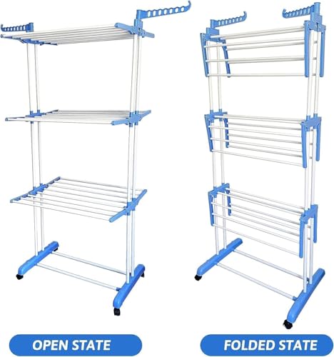 Image of Lukzer 3-Tier Foldable Clothes Drying Rack with Wheels | Stainless Steel Laundry Stand | Space-Saving, Heavy-Duty, Rust-Resistant for Indoor Outdoor Use - Towels, Clothes, Bedsheets