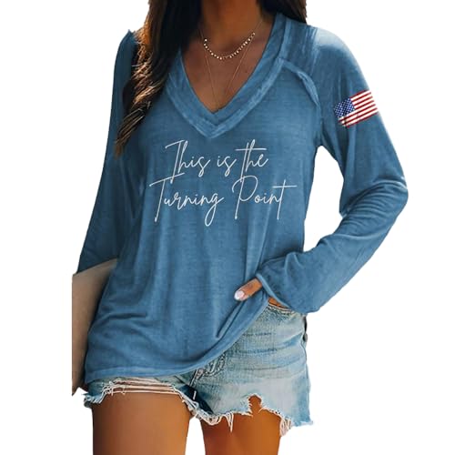 V-Neck Retro This is The Turning Point Print T-Shirt American Flag Shirts for Women True Patriot Tshirt