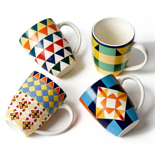 Momugs Bohemian Ceramic Coffee Mugs Set of 4, 15oz/450ml Geometric Pattern Tea Cups, Large Porcelain Mugs for Latte Cappuccino, Colorful Boho Drinkware Gift Set