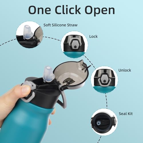 Image of BJPKPK 25 oz Insulated Water Bottle, Straw, Handle, Stainless Steel Flask | Leak Proof Locking Lid, Thermal, Double Wall Vacuum, Keeps Hot /Cold, BPA Free, Dishwasher Safe, Travel & Sports, Laguna