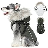PINA Dog Coat with Built in Harness, Dog Jacket with Faux Fur Hood, Dogs Vest with Reflective Strap for Small Medium Large Dogs, Green, S